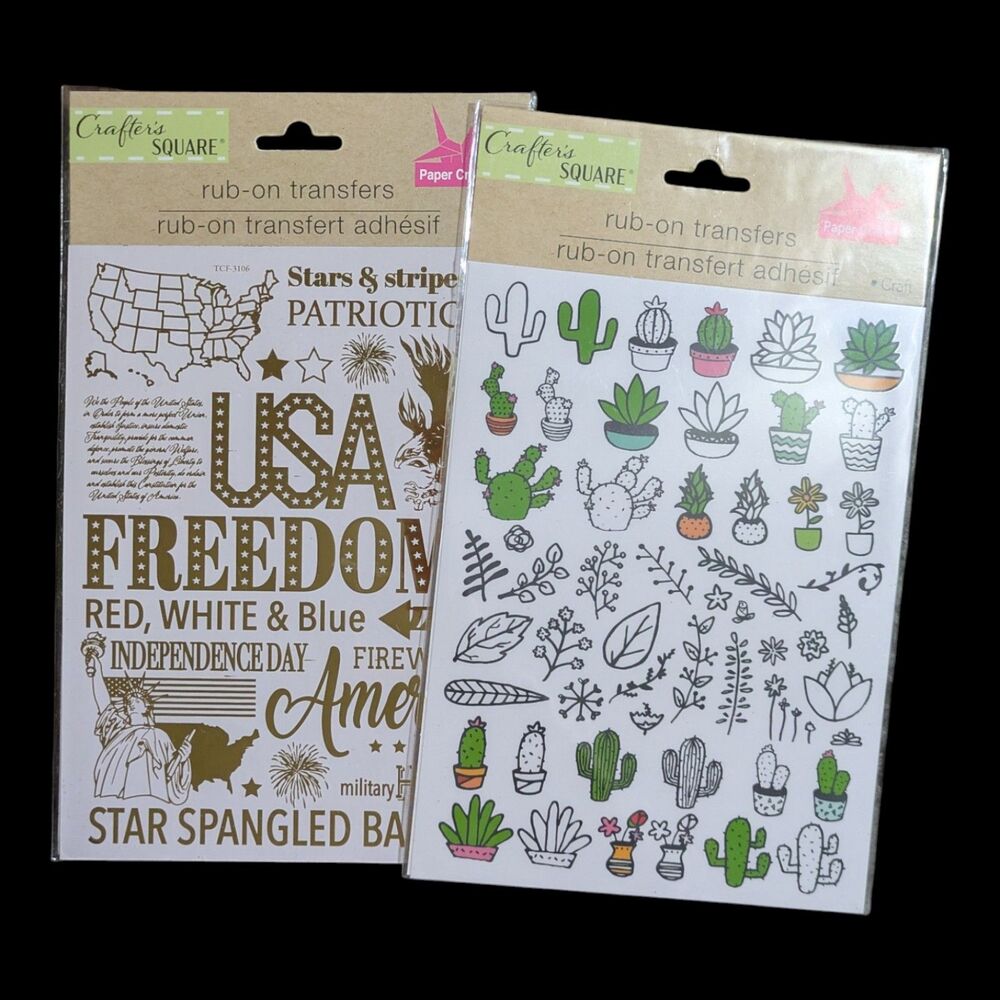 Crafter’s Square Rub-On Transfers Lot – Patriotic & Cactus Craft Sheets